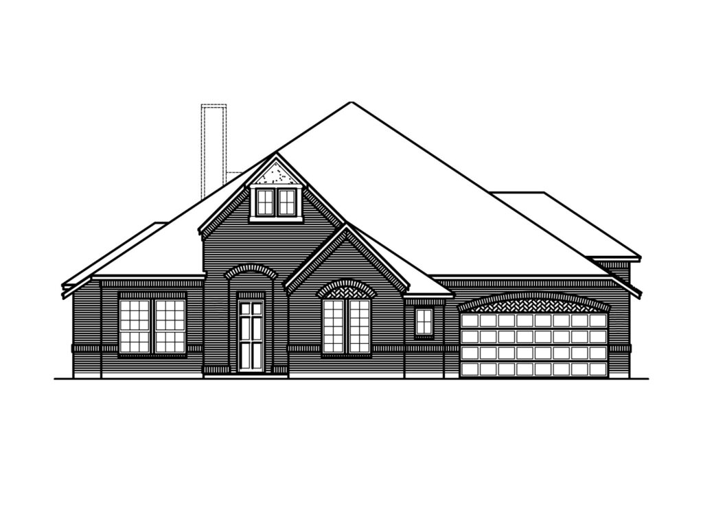 Black and white architectural drawing of a single-story house with a gable roof, front porch, arched doorway, and attached two-car garage—ideal for new homes in Painted Tree, McKinney.