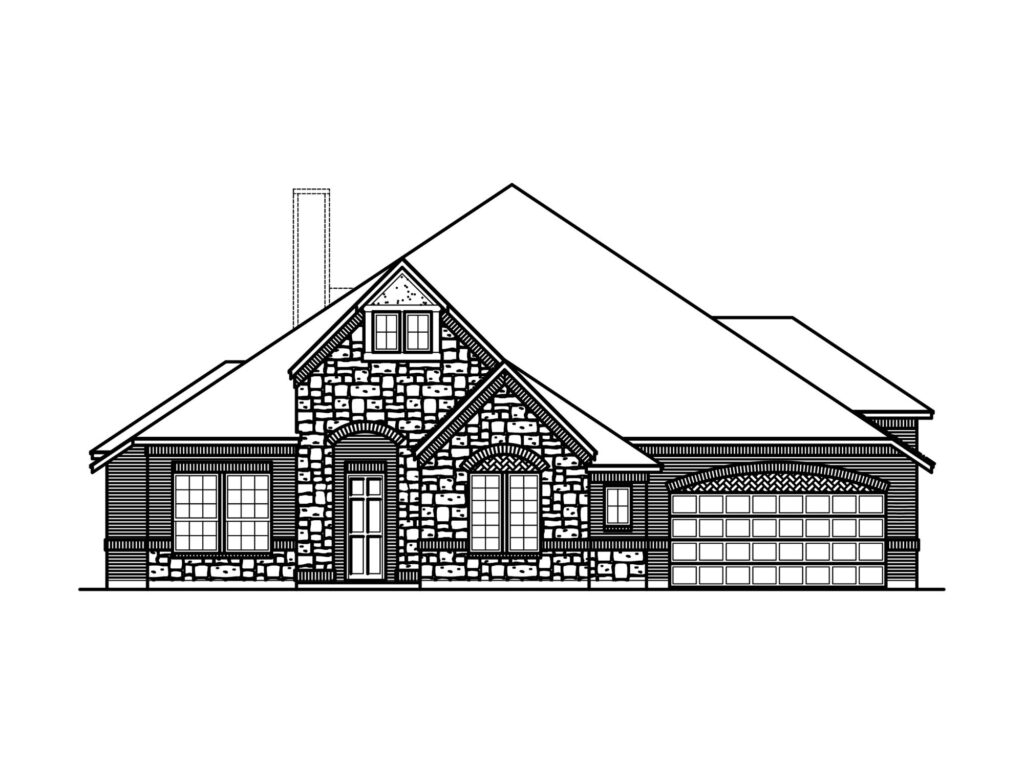 Black and white architectural drawing of a single-story house with a large gabled roof, arched entryway, and stone facade, similar to new homes found in Painted Tree, McKinney. Features a spacious two-car garage.