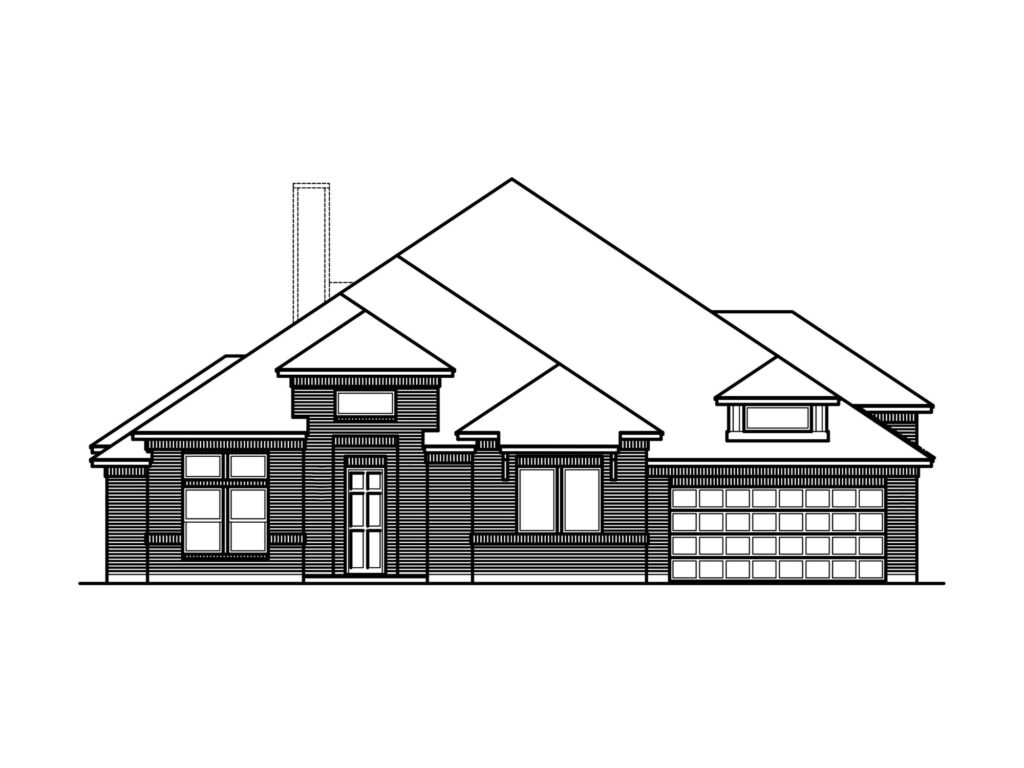 Black and white line drawing of a single-family house with a pitched roof, large front window, central front door, and attached two-car garage—an inviting design found in new homes by Bloomfield Homes at Painted Tree.