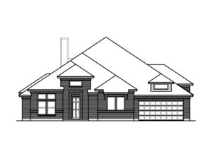 Black and white line drawing of a single-family house with a pitched roof, large front window, central front door, and attached two-car garage—an inviting design found in new homes by Bloomfield Homes at Painted Tree.