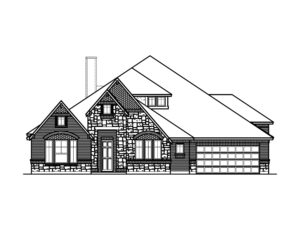 Black and white architectural drawing of a Bloomfield Homes house in Painted Tree, McKinney, featuring a gabled roof, stone façade, and an attached two-car garage.