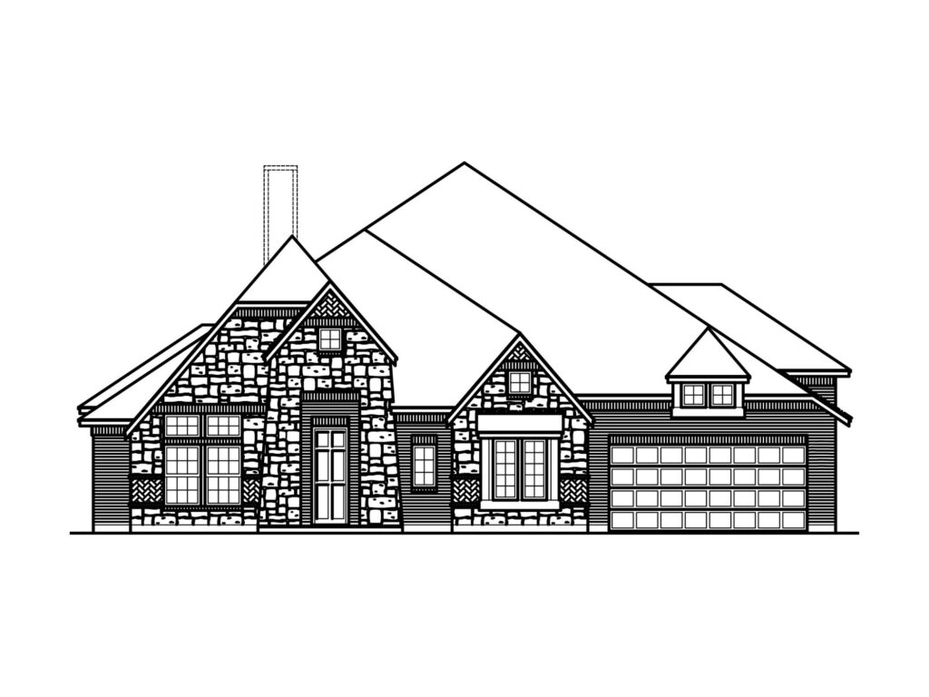Black and white architectural drawing of a two-story house with a gabled roof, stone and brick exterior, and a double garage on the right side—perfect for those seeking new homes in McKinney's Painted Tree community.