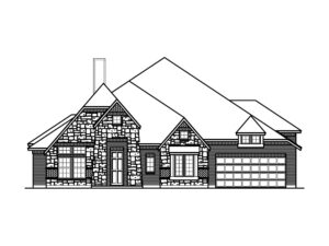 Black and white architectural drawing of a two-story house with a gabled roof, stone and brick exterior, and a double garage on the right side—perfect for those seeking new homes in McKinney's Painted Tree community.