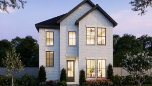 Two-story modern house with white brick exterior, black roof, large windows, and landscaped front yard, set against a backdrop of trees at dusk—one of the stunning new homes by Normandy Homes in McKinney.