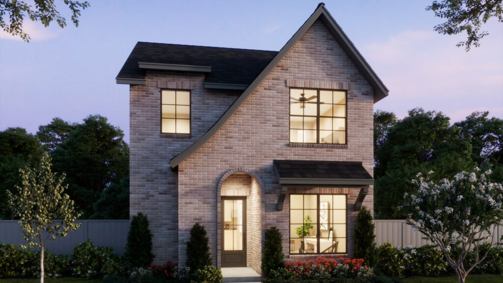 A two-story brick house with large windows, black roof, arched entrance, front yard landscaping, and a fence in McKinney by Normandy Homes, photographed at dusk.