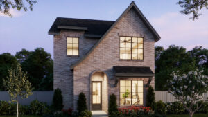 A two-story brick house with large windows, black roof, arched entrance, front yard landscaping, and a fence in McKinney by Normandy Homes, photographed at dusk.