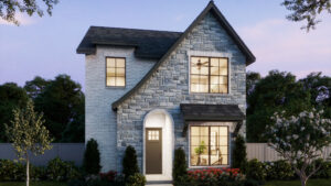 Two-story house with gray brick exterior, arched entryway, large windows, black roof, and landscaped front yard at dusk in the Painted Tree community of McKinney, showcasing stunning new homes.