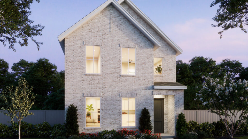 Two-story modern brick house by Normandy Homes in Painted Tree, McKinney, with six large windows, a dark front door, and landscaped yard, surrounded by trees and a fence at dusk.