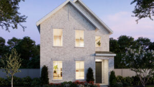 Two-story modern brick house by Normandy Homes in Painted Tree, McKinney, with six large windows, a dark front door, and landscaped yard, surrounded by trees and a fence at dusk.