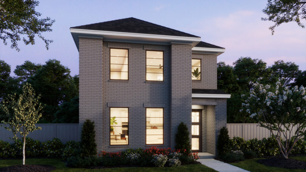 Two-story modern brick house with large windows, lit interiors, dark shingle roof, and a landscaped front yard in McKinney’s Painted Tree—perfect for those seeking stylish new homes. Trees and fence provide a scenic backdrop.