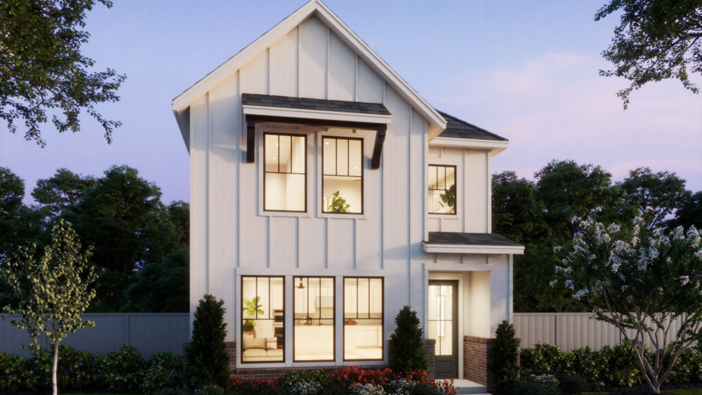 Two-story modern house by Normandy Homes in Painted Tree, McKinney, featuring white vertical siding, large windows, a small front garden, and a fenced yard surrounded by trees at dusk.