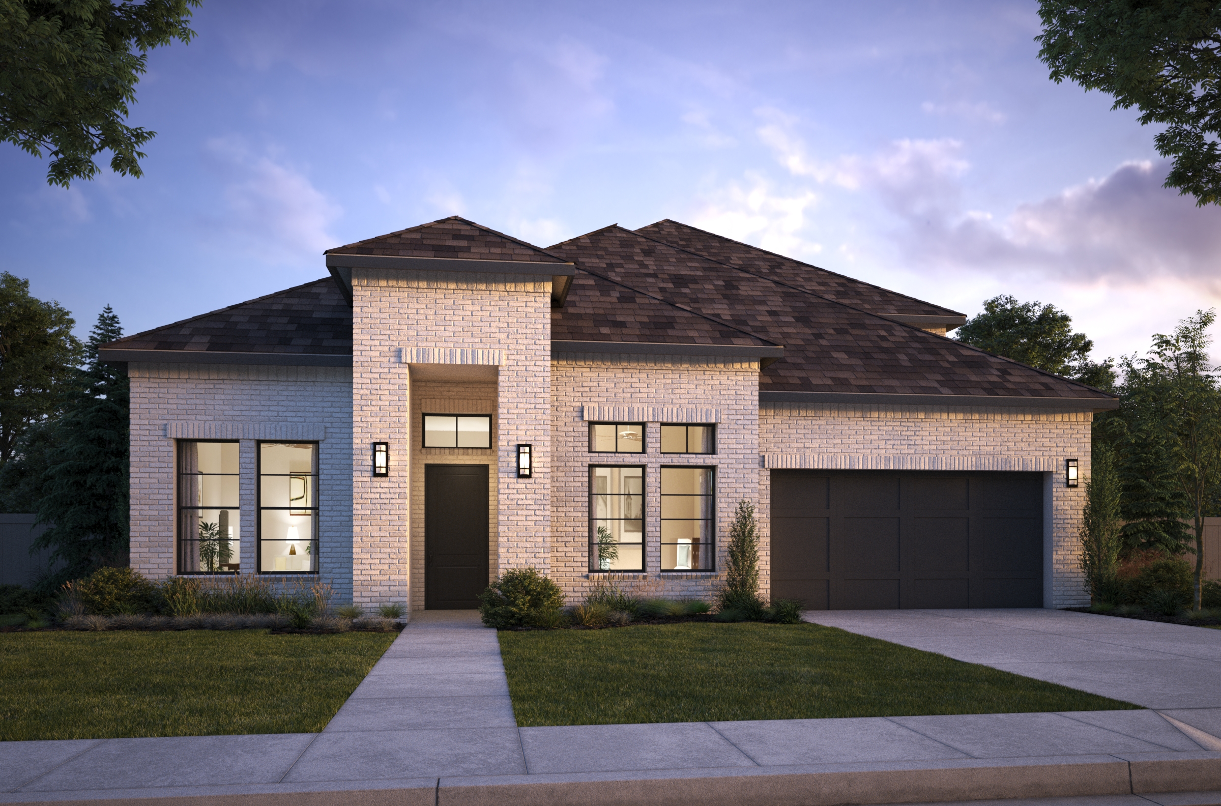 Modern single-story brick house by Southgate Homes with large windows, a dark shingle roof, double front doors, and a two-car garage in Painted Tree, set against a sunset sky with minimal landscaping—perfect for those seeking new homes.