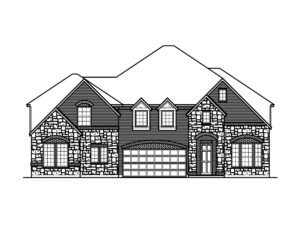 Black and white architectural drawing of a two-story house with a stone facade, three dormer windows, arched windows, and a double garage, inspired by new homes in Painted Tree, McKinney.