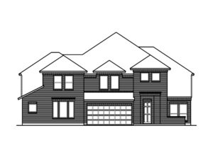 Black and white line drawing of a two-story suburban house in Painted Tree, McKinney, with an attached two-car garage, multiple windows, and a gabled roof—classic Bloomfield Homes style.