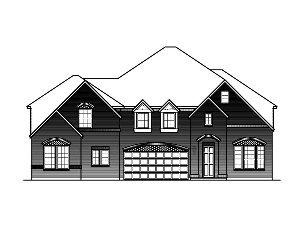 Black and white line drawing of a two-story house in McKinney, featuring a steep gabled roof, three front-facing dormer windows, double garage, arched windows, and front door—showcasing the timeless style of Bloomfield Homes’ new homes.