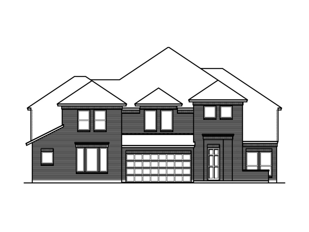 Black and white line drawing of a two-story suburban house by Bloomfield Homes in McKinney, featuring a three-car garage, multiple pitched roofs, and several windows—perfect inspiration for new homes.