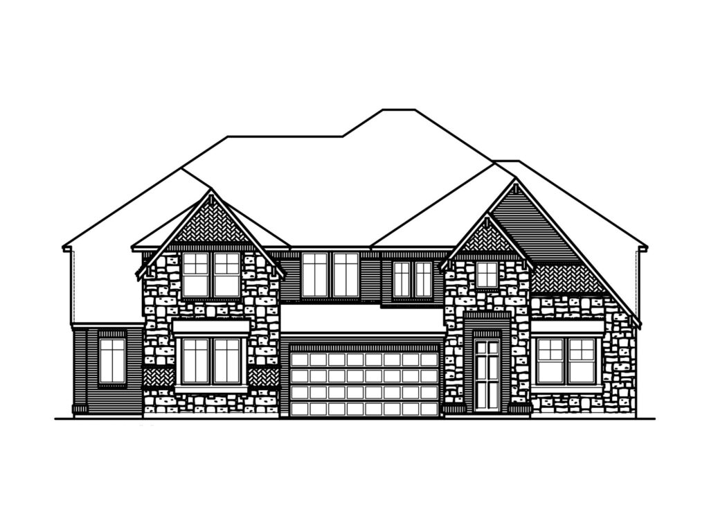 Black and white line drawing of a two-story house with a multi-gabled roof, stone and siding exterior, and a double garage door in the center—ideal for new homes in McKinney's Painted Tree community.