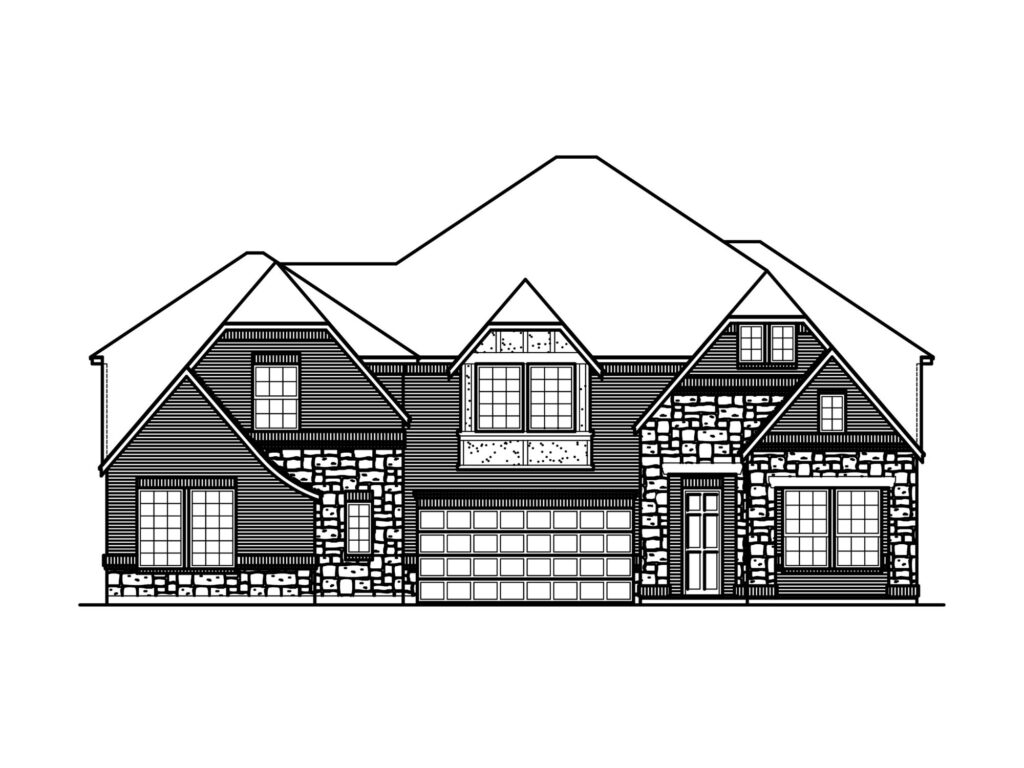 Black and white architectural drawing of a two-story house with a gabled roof, stone and siding exterior, multiple windows, and a double garage—perfect for those seeking new homes in McKinney’s Painted Tree community.