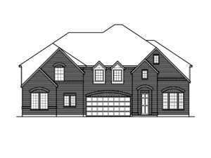 Black and white line drawing of a two-story suburban house in Painted Tree, McKinney, featuring a double garage, three front dormer windows, and multiple arched windows and doors—an inviting example of new homes in this community.