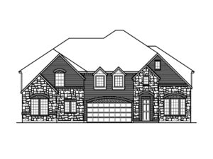 Black and white line drawing of a two-story house with a gabled roof, mixed stone and brick facade, a double garage, and arched windows—reflecting the classic charm of new homes in Painted Tree, McKinney.