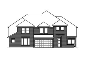 Black and white architectural line drawing of a two-story suburban house by Bloomfield Homes in McKinney, featuring a double garage, multiple windows, and a main entrance door—perfect inspiration for new homes.