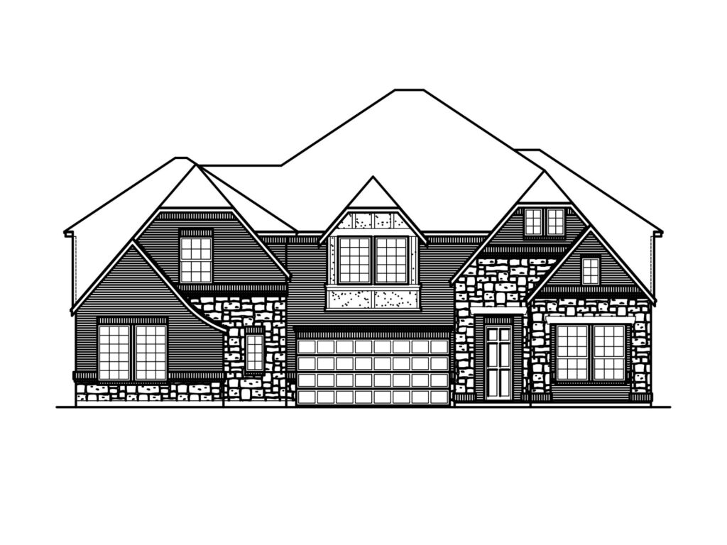 Black and white line drawing of a two-story Bloomfield Homes house in McKinney, featuring a gabled roof, stone and siding exterior, double garage, and multiple windows—perfect for those seeking new homes in the area.