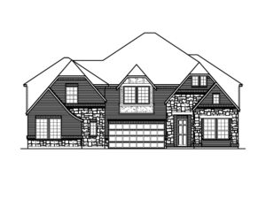 Black and white line drawing of a two-story Bloomfield Homes house in McKinney, featuring a gabled roof, stone and siding exterior, double garage, and multiple windows—perfect for those seeking new homes in the area.