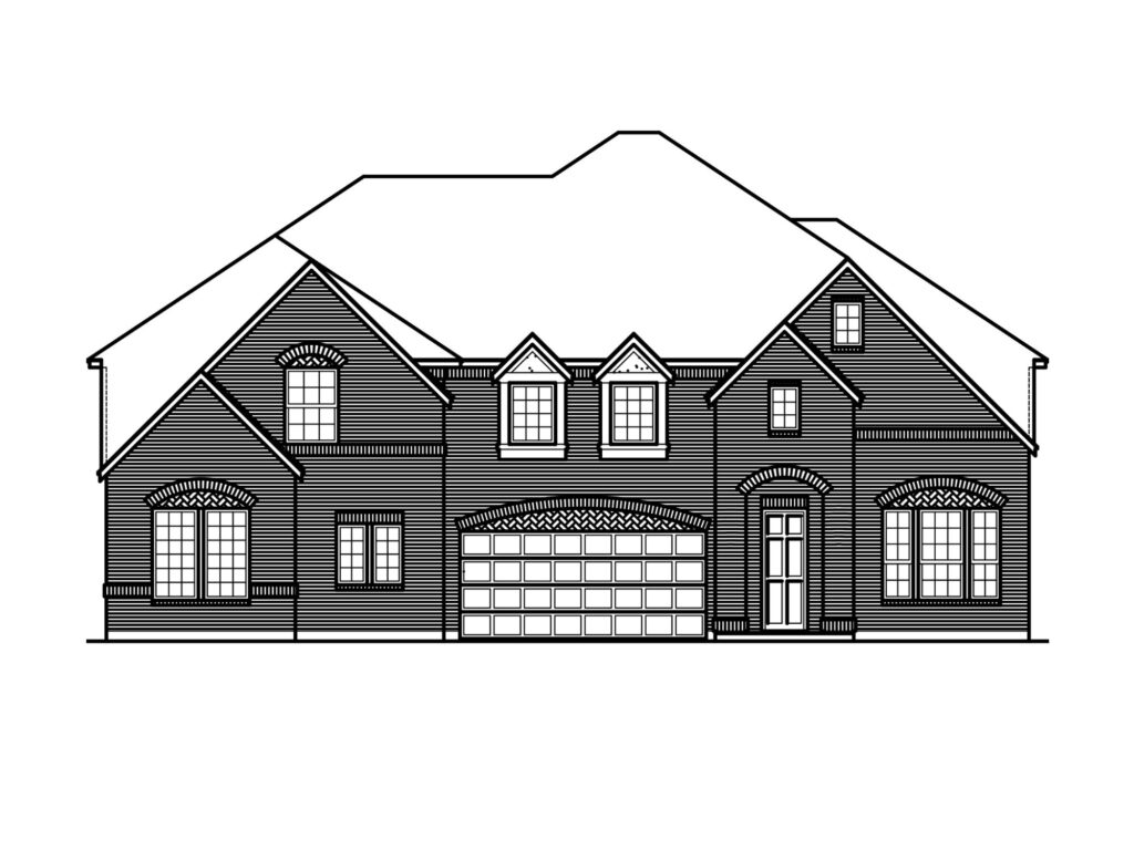 Black and white line drawing of a two-story suburban house in Painted Tree, McKinney, featuring a gabled roof, three dormer windows, a double garage, and an arched front entrance—classic Bloomfield Homes style.