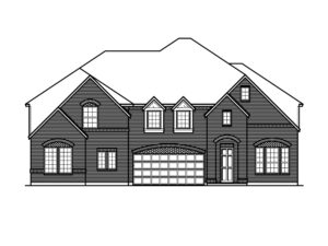 Black and white line drawing of a two-story suburban house in Painted Tree, McKinney, featuring a gabled roof, three dormer windows, a double garage, and an arched front entrance—classic Bloomfield Homes style.