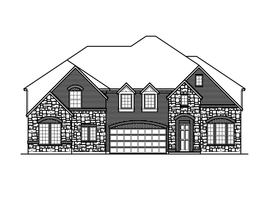 Black and white architectural drawing of a two-story house with a gabled roof, three dormer windows, a double garage, and a mix of stone and siding exterior—an elegant example of Bloomfield Homes design in Painted Tree new homes.