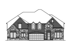 Black and white architectural drawing of a two-story house with a gabled roof, three dormer windows, a double garage, and a mix of stone and siding exterior—an elegant example of Bloomfield Homes design in Painted Tree new homes.