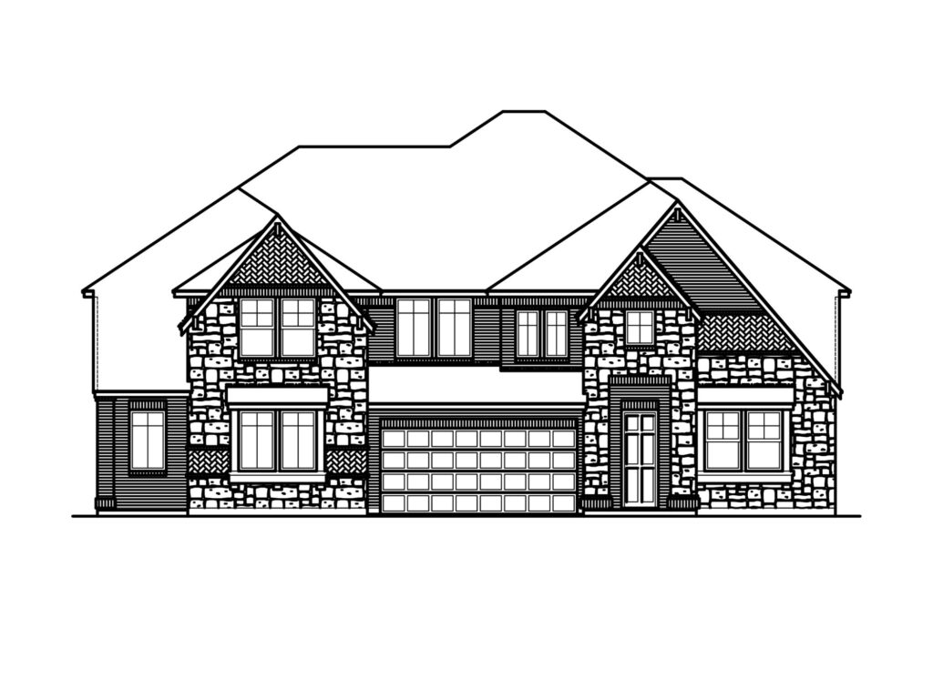 Black and white architectural drawing of a two-story Bloomfield Homes house in Painted Tree, featuring a front-facing garage, multiple windows, and a combination of stone and siding exterior—perfect for those seeking new homes with modern design elements.