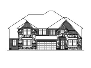 Black and white architectural drawing of a two-story Bloomfield Homes house in Painted Tree, featuring a front-facing garage, multiple windows, and a combination of stone and siding exterior—perfect for those seeking new homes with modern design elements.