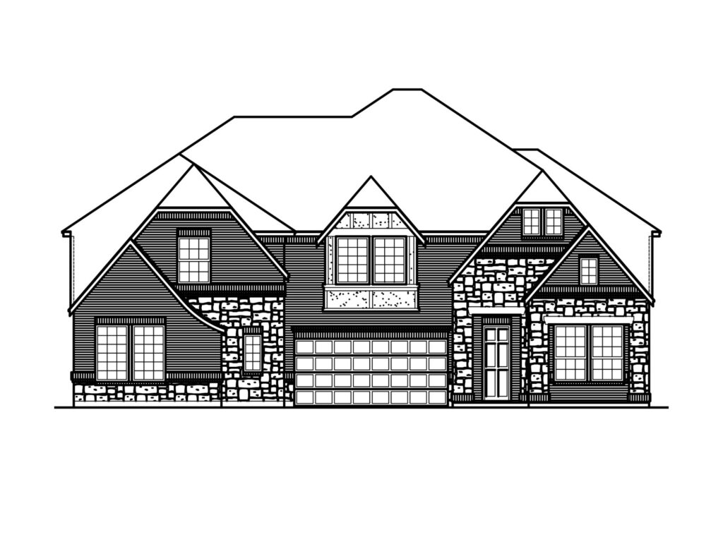 Black and white line drawing of a large two-story house with multiple gables, a double garage, and various stone and siding textures on the façade—a classic Bloomfield Homes design found in McKinney's new homes community.