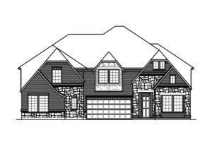 Black and white line drawing of a large two-story house with multiple gables, a double garage, and various stone and siding textures on the façade—a classic Bloomfield Homes design found in McKinney's new homes community.