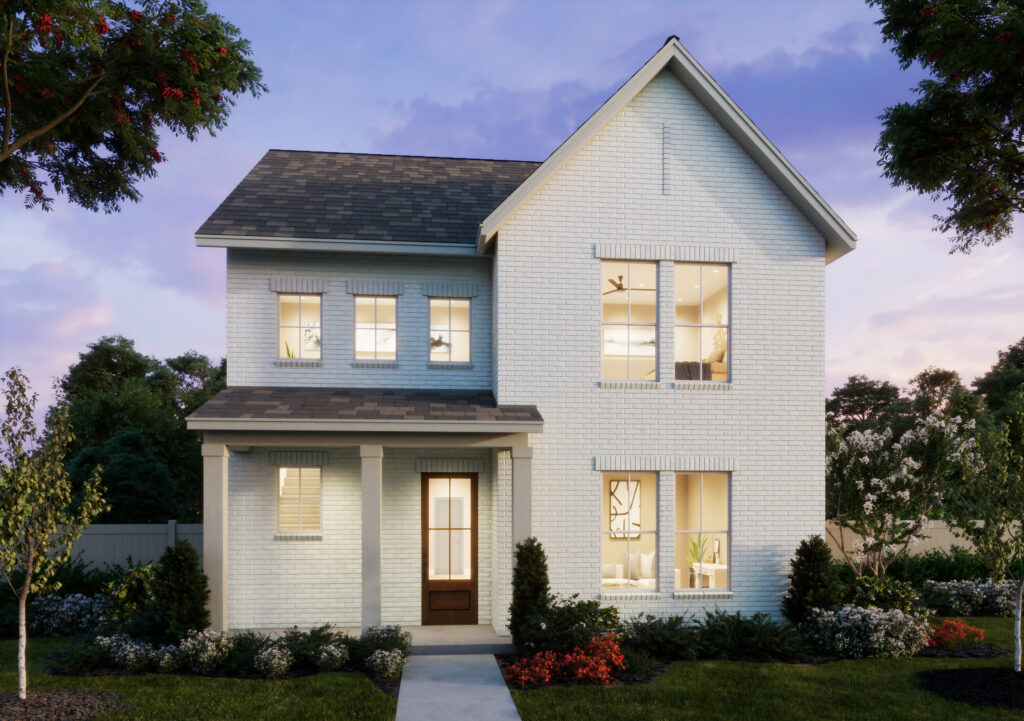 Two-story white brick house with a covered front porch, large windows, and landscaped yard in McKinney's Painted Tree community, photographed at dusk with interior lights on.