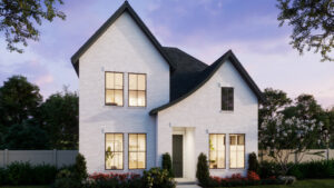 Two-story modern house by Normandy Homes with white brick exterior, large windows, black roof, and landscaped front yard at dusk—one of the stunning new homes in Painted Tree.