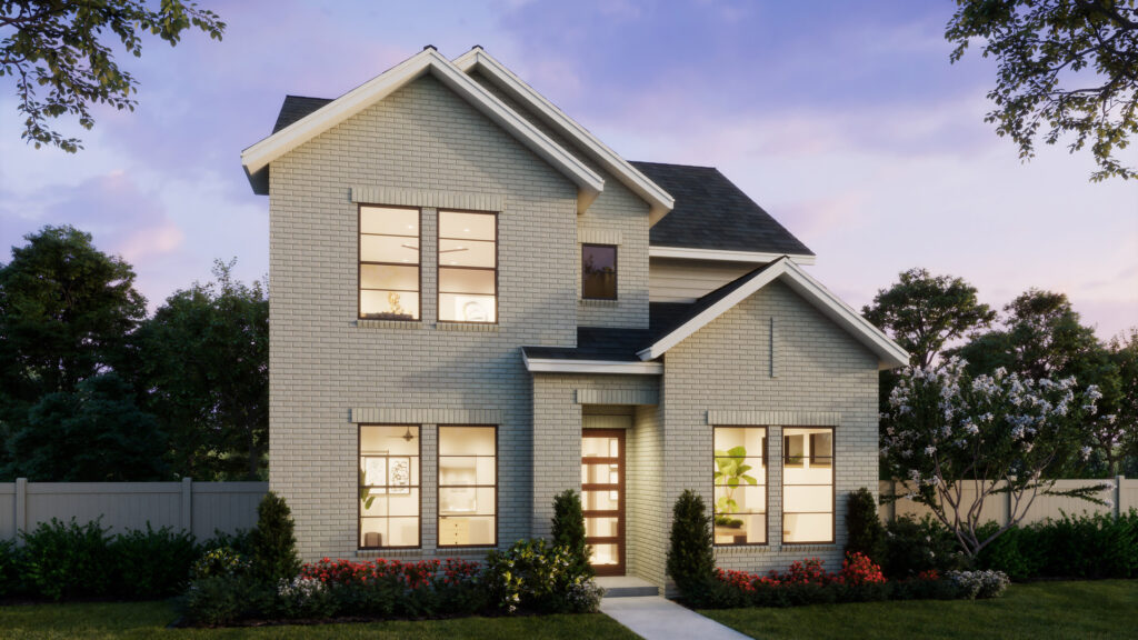 Two-story modern house with light gray brick exterior by Normandy Homes, featuring large windows, a wooden front door, landscaped yard, and trees in the background at dusk in Painted Tree’s new homes community.