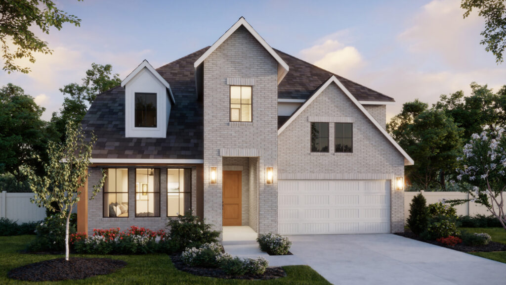Two-story modern suburban house by Normandy Homes in McKinney, featuring a light brick exterior, large windows, double garage, front lawn, and inviting evening lighting—perfect for those seeking stylish new homes.