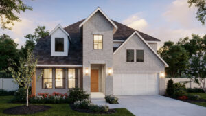 Two-story modern suburban house by Normandy Homes in McKinney, featuring a light brick exterior, large windows, double garage, front lawn, and inviting evening lighting—perfect for those seeking stylish new homes.
