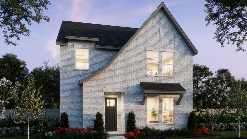 Two-story brick house by Normandy Homes in McKinney, featuring four front windows, a black door, sloped roof, and shrub landscaping, photographed at dusk.