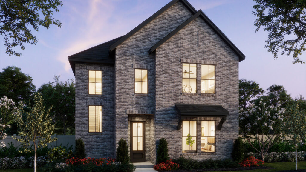 Two-story modern brick house by Normandy Homes in McKinney with large windows, a black roof, and landscaped front yard at dusk. Trees and flowers surround this beautiful new home.