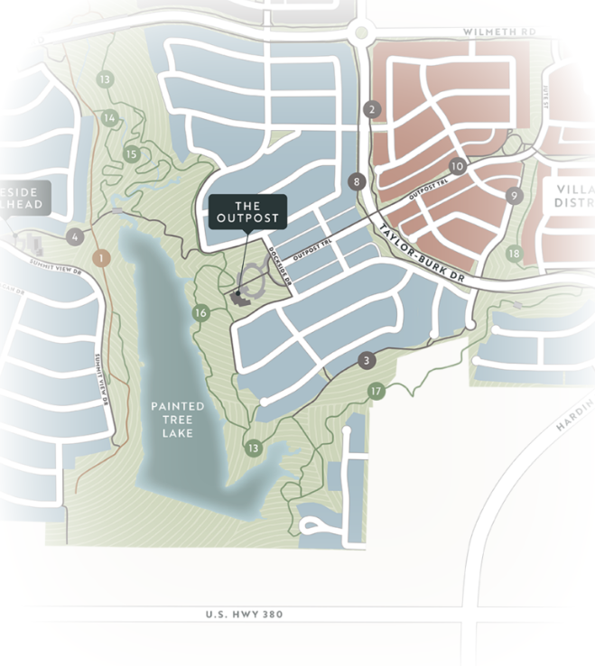 Map showing The Outpost near Painted Tree Lake, roads, residential areas, and trails, with U.S. Hwy 380 at the bottom and Wilmeth Rd at the top right.